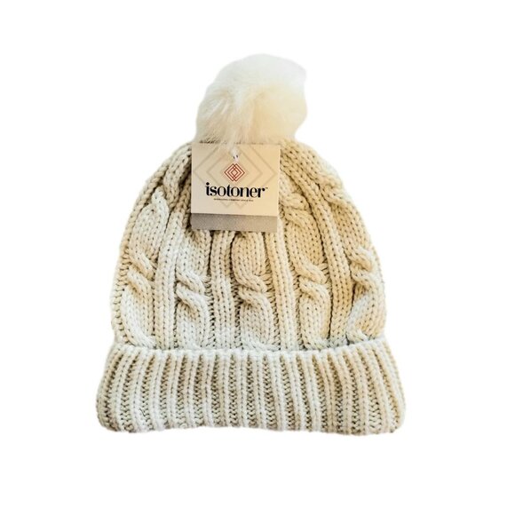 Isotoner Ivory Cable Knit Beanie Cap with Pom New - Picture 4 of 5